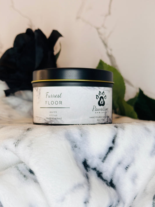 Hand-poured soy candle labeled Wine & Whiskers featuring notes of earth, citrus and sandalwood.  6 oz. Manufactured by Pawsitive Ambiance.